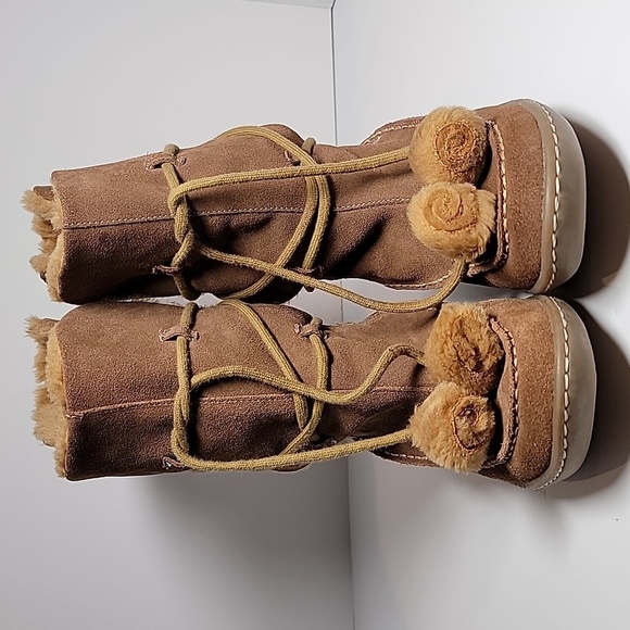 Steve‎ Madden P-Pop Boots Moccasins Suede Faux Fur Tie Pompoms Mid-Calf Brown 7 - Picture 2 of 12